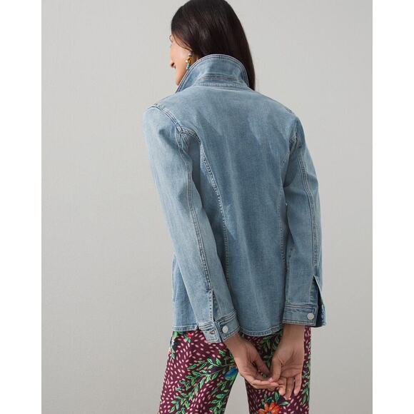 Chico's Womens Embroidered Floral Jean Jacket Shacket Stretch Welt/Chest Pockets - Picture 3 of 15